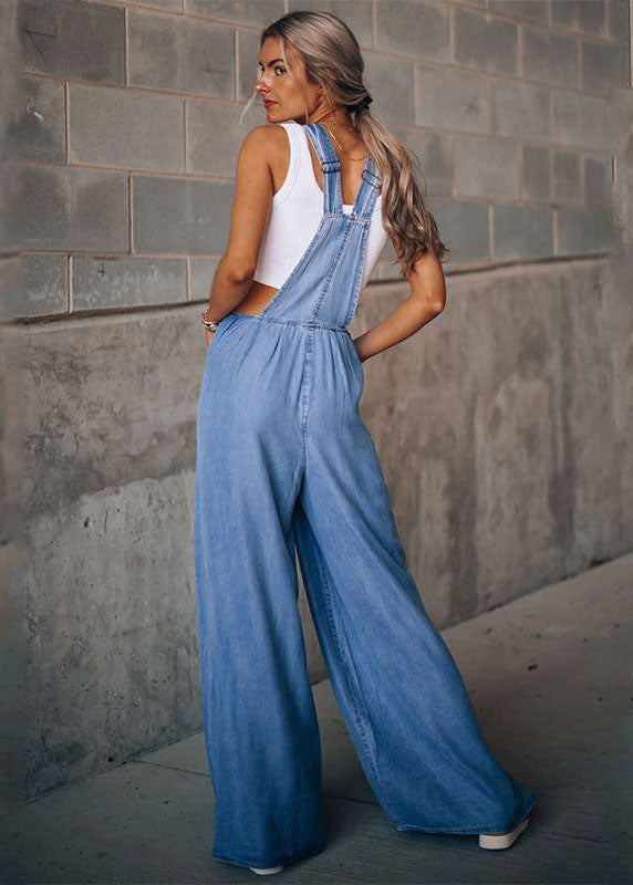 Dark Blue Pockets Patchwork Denim Wide Leg Jumpsuits Summer LY3944 - fabuloryshop