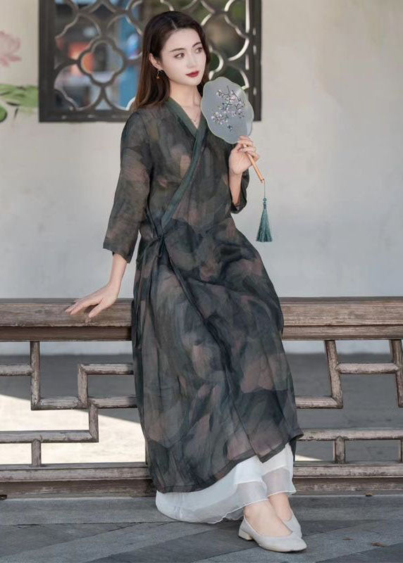 Dark Grey Patchwork Linen Maxi Dresses V Neck Lace Up Summer LY2529 - fabuloryshop