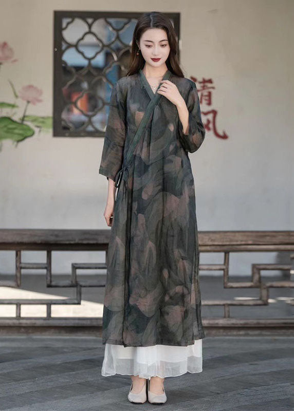 Dark Grey Patchwork Linen Maxi Dresses V Neck Lace Up Summer LY2529 - fabuloryshop