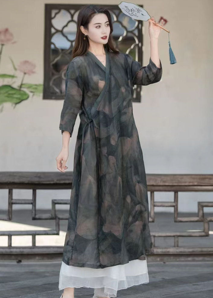 Dark Grey Patchwork Linen Maxi Dresses V Neck Lace Up Summer LY2529 - fabuloryshop