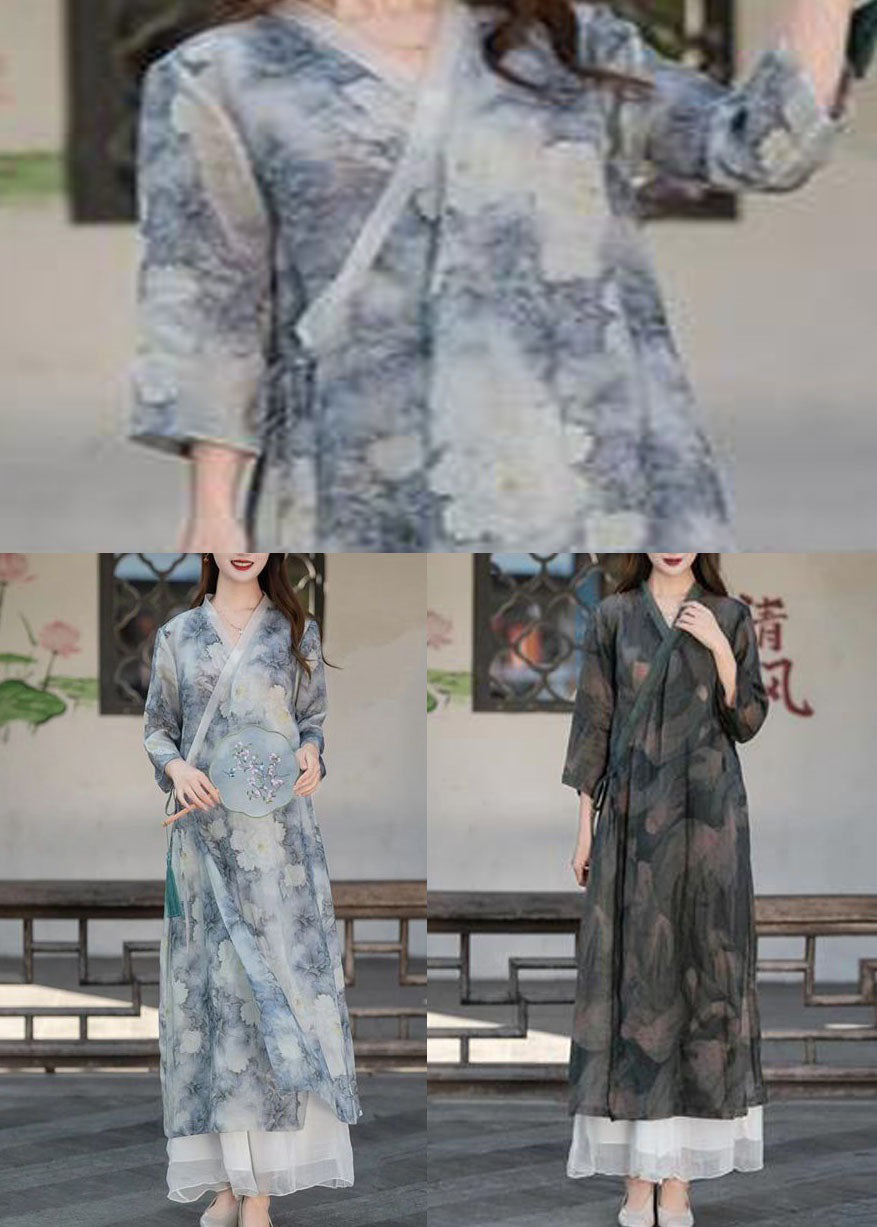 Dark Grey Patchwork Linen Maxi Dresses V Neck Lace Up Summer LY2529 - fabuloryshop