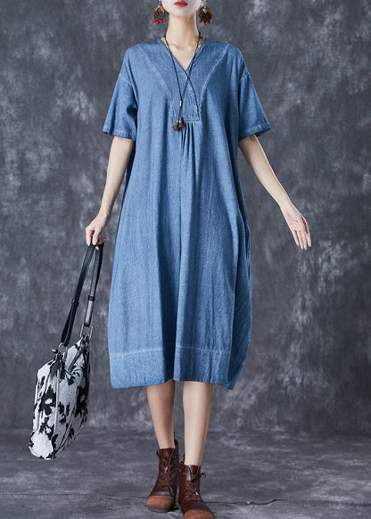 Denim Blue Cotton Robe Dresses Oversized Pockets Summer LY7085 - fabuloryshop