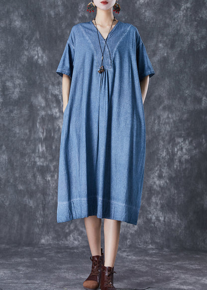 Denim Blue Cotton Robe Dresses Oversized Pockets Summer LY7085 - fabuloryshop