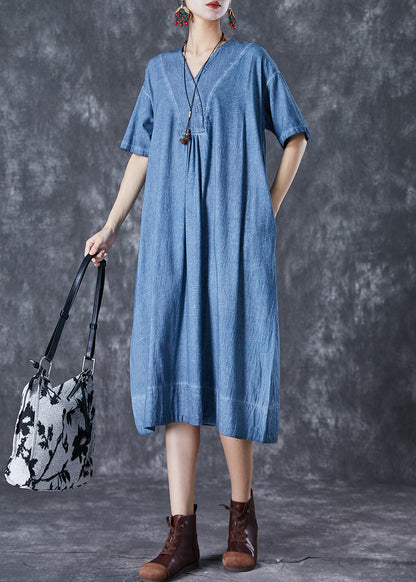 Denim Blue Cotton Robe Dresses Oversized Pockets Summer LY7085 - fabuloryshop