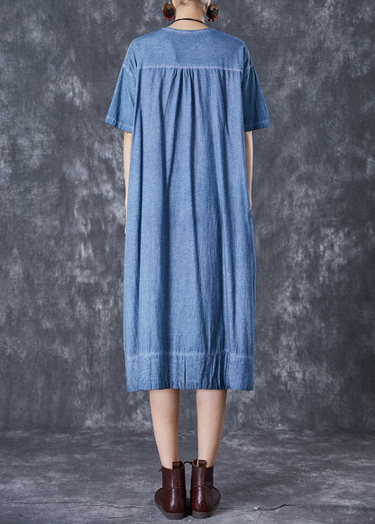 Denim Blue Cotton Robe Dresses Oversized Pockets Summer LY7085 - fabuloryshop