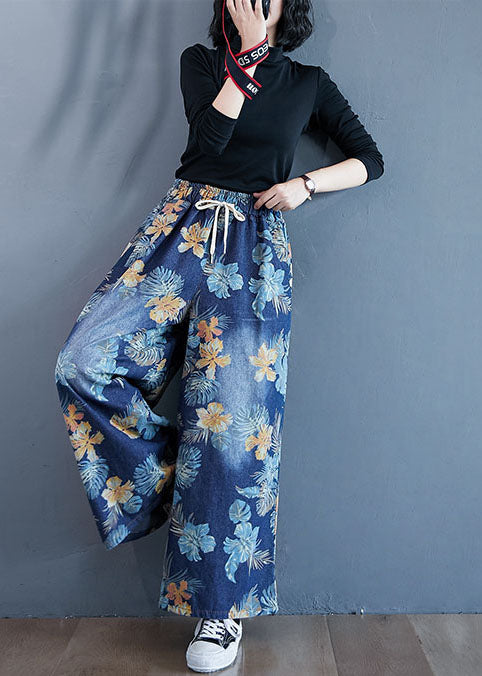 Denim Blue Print Cotton Wide Leg Pants Elastic Waist Spring LY1504 - fabuloryshop