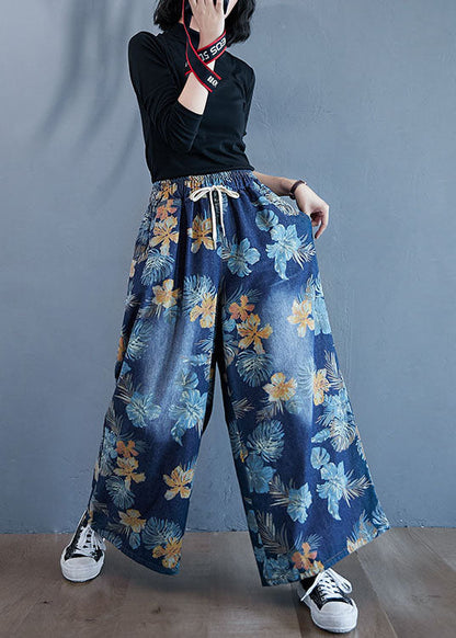 Denim Blue Print Cotton Wide Leg Pants Elastic Waist Spring LY1504 - fabuloryshop