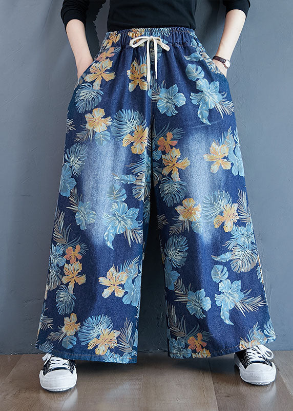 Denim Blue Print Cotton Wide Leg Pants Elastic Waist Spring LY1504 - fabuloryshop