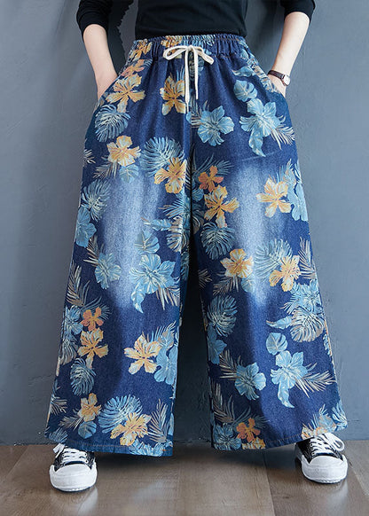 Denim Blue Print Cotton Wide Leg Pants Elastic Waist Spring LY1504 - fabuloryshop