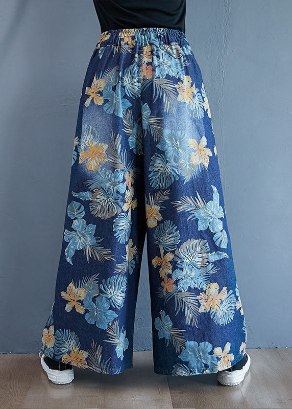 Denim Blue Print Cotton Wide Leg Pants Elastic Waist Spring LY1504 - fabuloryshop