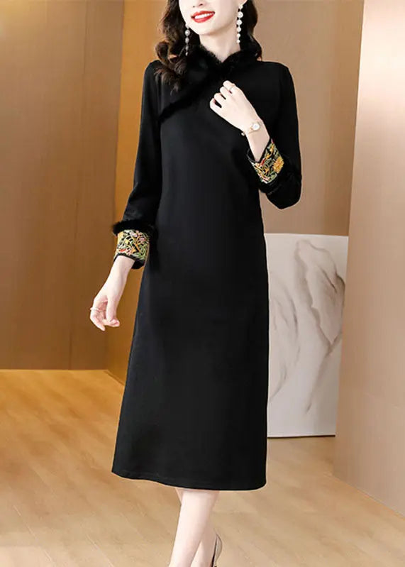 Dinner Black Stand Collar Warm Fleece Mink Hair Maxi Dress Long Sleeve Ada Fashion