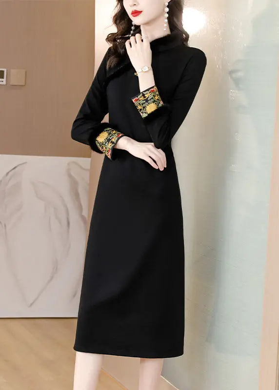 Dinner Black Stand Collar Warm Fleece Mink Hair Maxi Dress Long Sleeve Ada Fashion