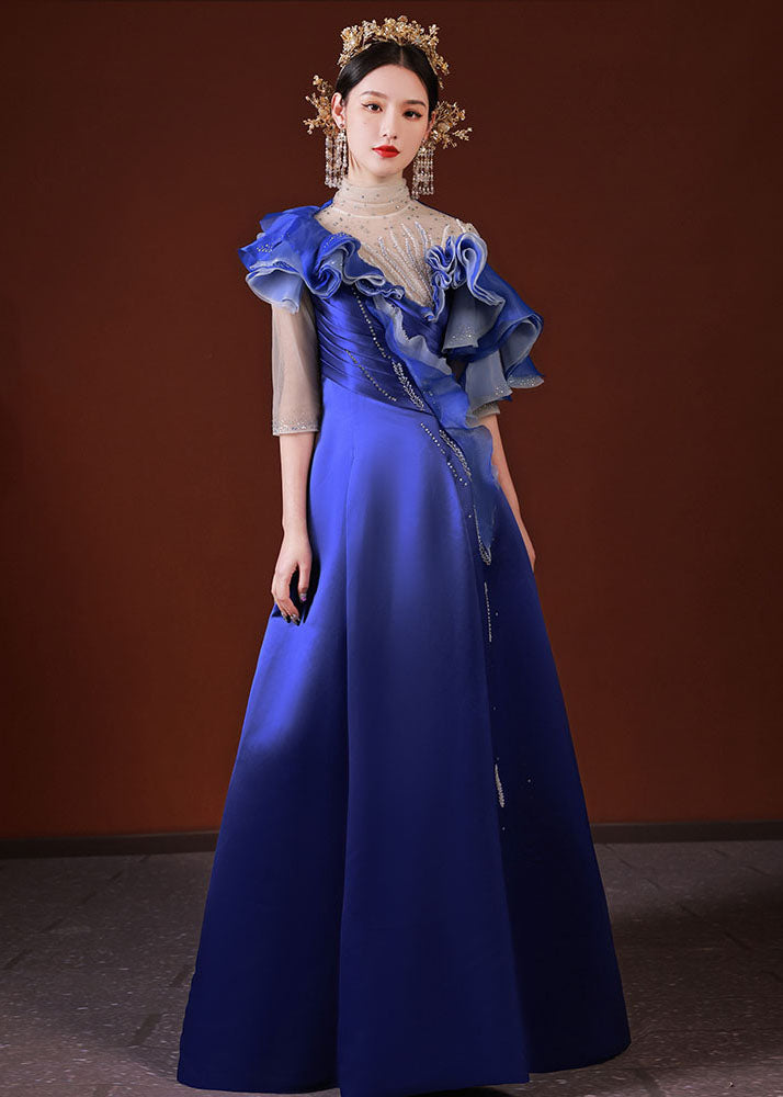 Dinner Blue Turtleneck Asymmetrical Ruffled Tulle Patchwork Silk Vacation Long Dresses Summer Ada Fashion