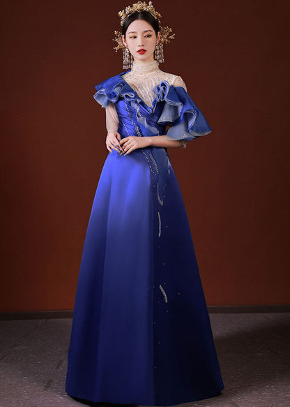 Dinner Blue Turtleneck Asymmetrical Ruffled Tulle Patchwork Silk Vacation Long Dresses Summer Ada Fashion