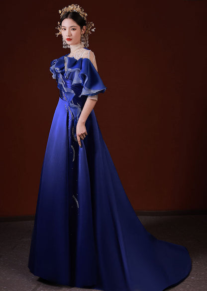 Dinner Blue Turtleneck Asymmetrical Ruffled Tulle Patchwork Silk Vacation Long Dresses Summer Ada Fashion