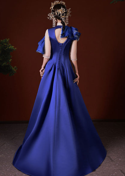 Dinner Blue Turtleneck Asymmetrical Ruffled Tulle Patchwork Silk Vacation Long Dresses Summer Ada Fashion