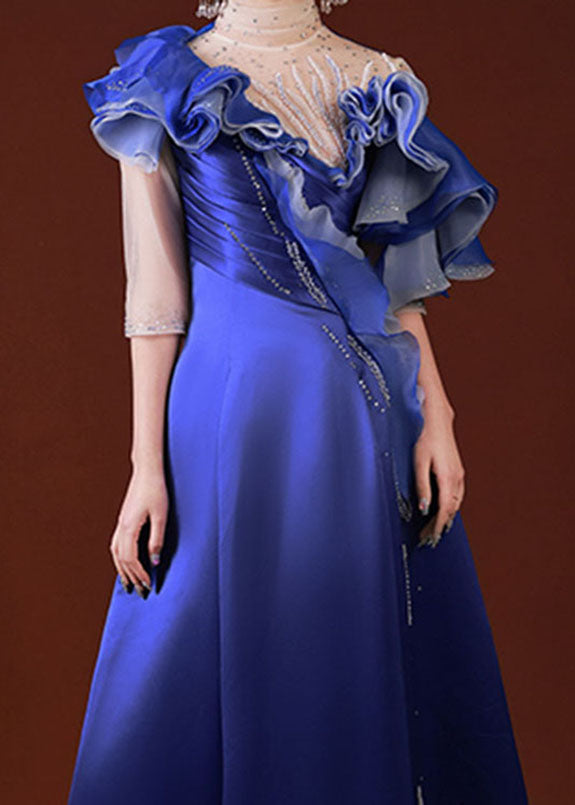 Dinner Blue Turtleneck Asymmetrical Ruffled Tulle Patchwork Silk Vacation Long Dresses Summer Ada Fashion