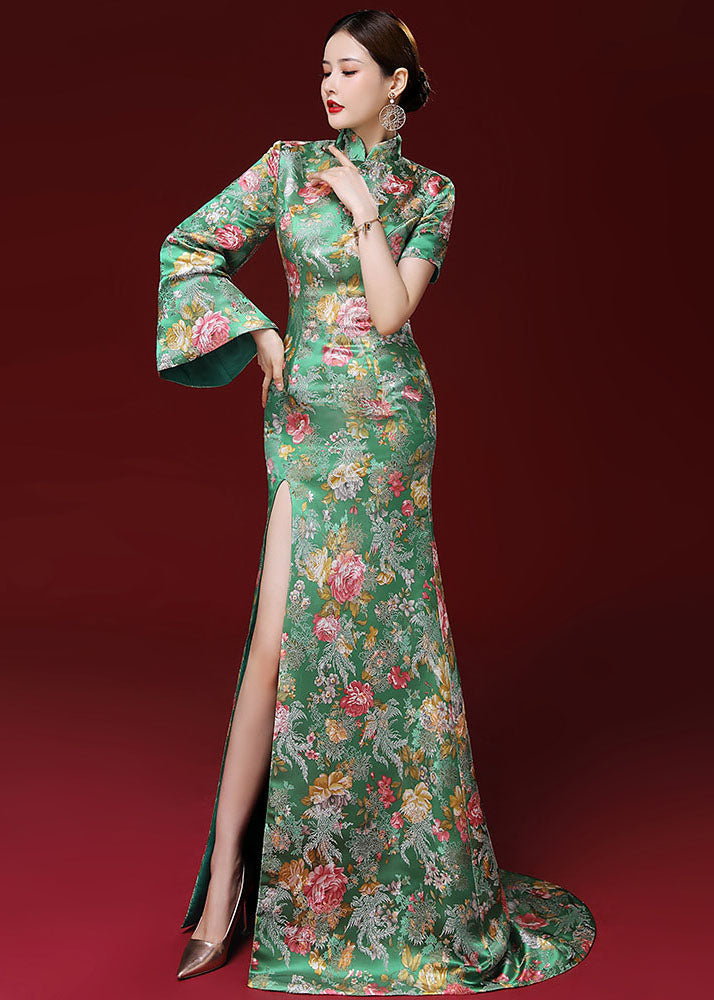 Dinner Green Stand Collar Print Side Open Silk Long Vestidos Long Sleeve Ada Fashion