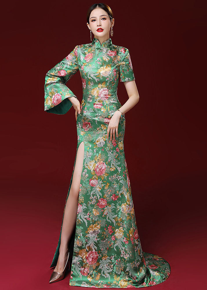 Dinner Green Stand Collar Print Side Open Silk Long Vestidos Long Sleeve Ada Fashion