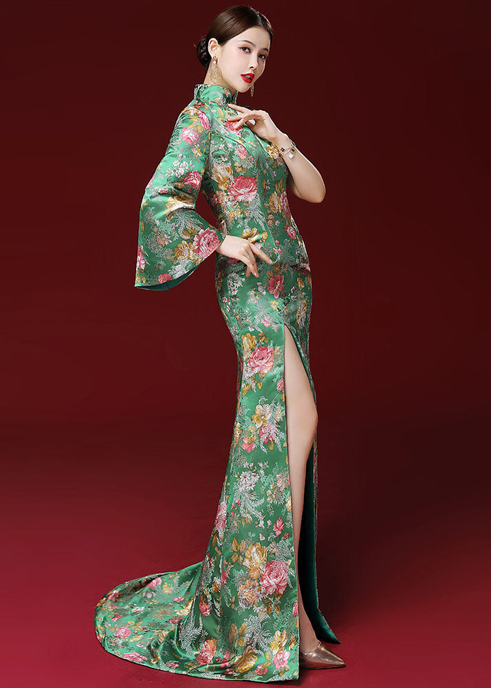 Dinner Green Stand Collar Print Side Open Silk Long Vestidos Long Sleeve Ada Fashion