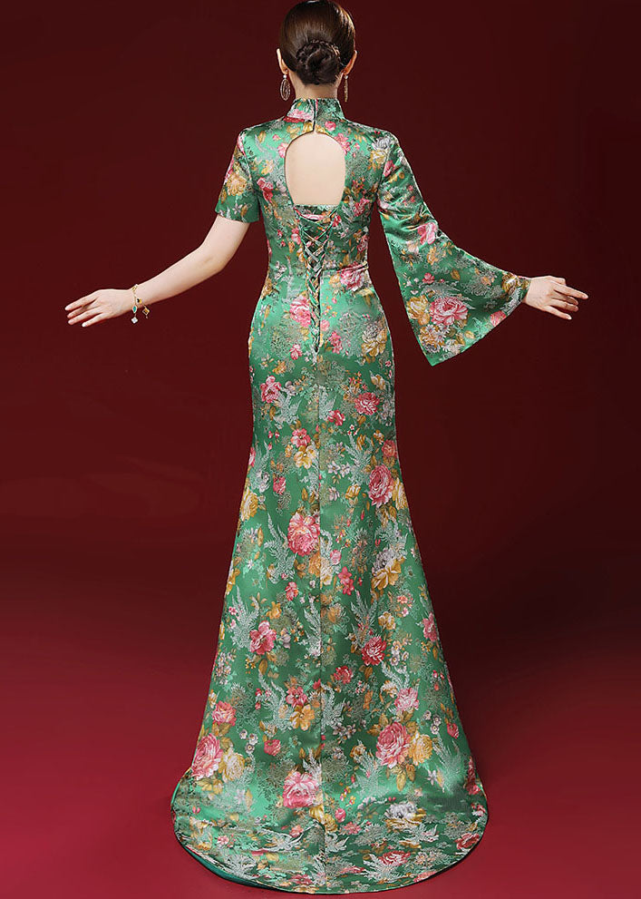 Dinner Green Stand Collar Print Side Open Silk Long Vestidos Long Sleeve Ada Fashion