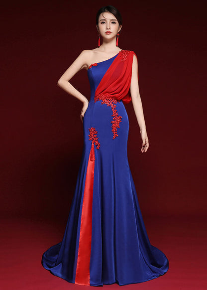 Dinner Royal Blue Shoulder Tulle Patchwork Silk Mopping Long Dress Summer Ada Fashion