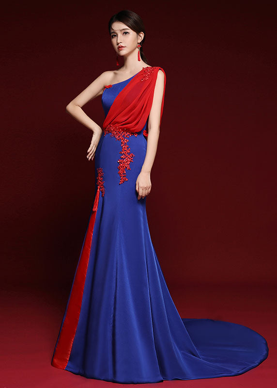 Dinner Royal Blue Shoulder Tulle Patchwork Silk Mopping Long Dress Summer Ada Fashion