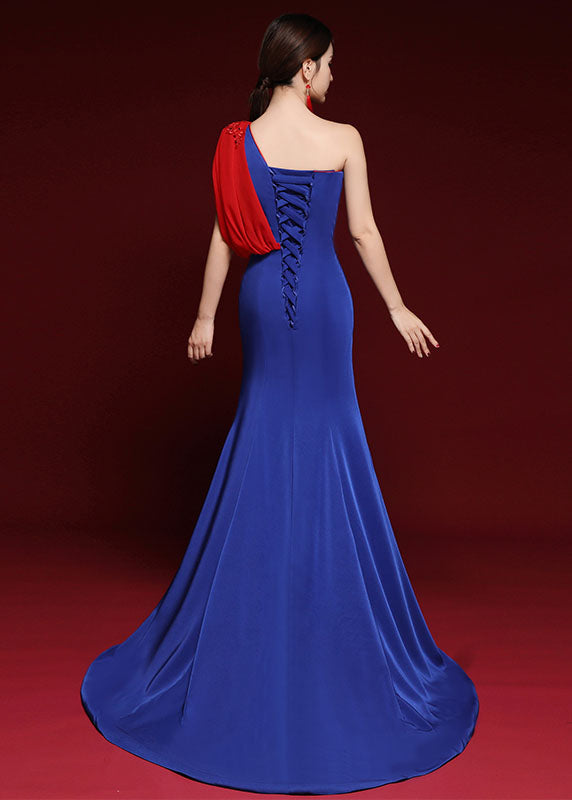 Dinner Royal Blue Shoulder Tulle Patchwork Silk Mopping Long Dress Summer Ada Fashion