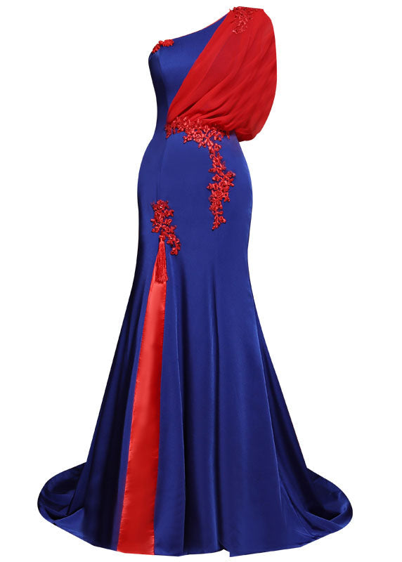 Dinner Royal Blue Shoulder Tulle Patchwork Silk Mopping Long Dress Summer Ada Fashion