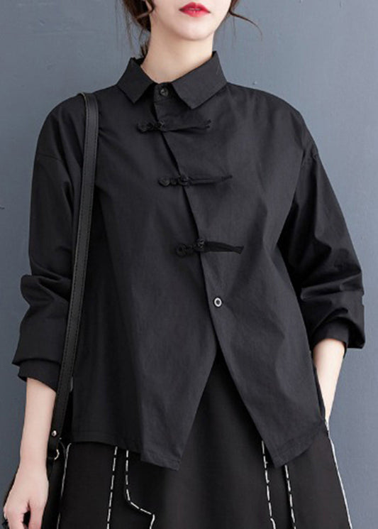 Diy Black Asymmetrical Design Chinese Button Cotton Shirts Spring LY2392 - fabuloryshop