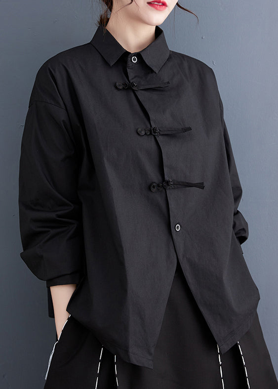 Diy Black Asymmetrical Design Chinese Button Cotton Shirts Spring LY2392 - fabuloryshop