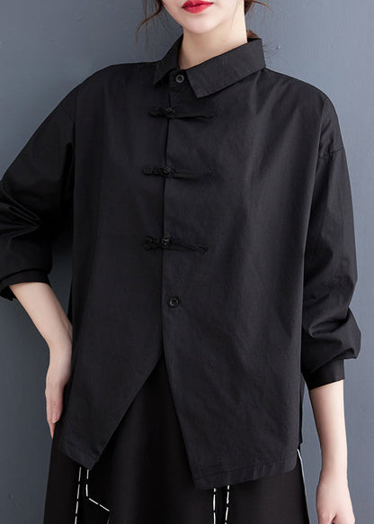 Diy Black Asymmetrical Design Chinese Button Cotton Shirts Spring LY2392 - fabuloryshop