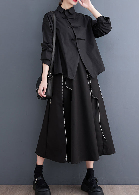 Diy Black Asymmetrical Design Chinese Button Cotton Shirts Spring LY2392 - fabuloryshop