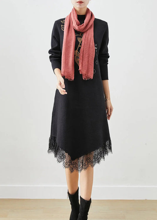 Diy Black Asymmetrical Patchwork Knit Dress Fall Ada Fashion