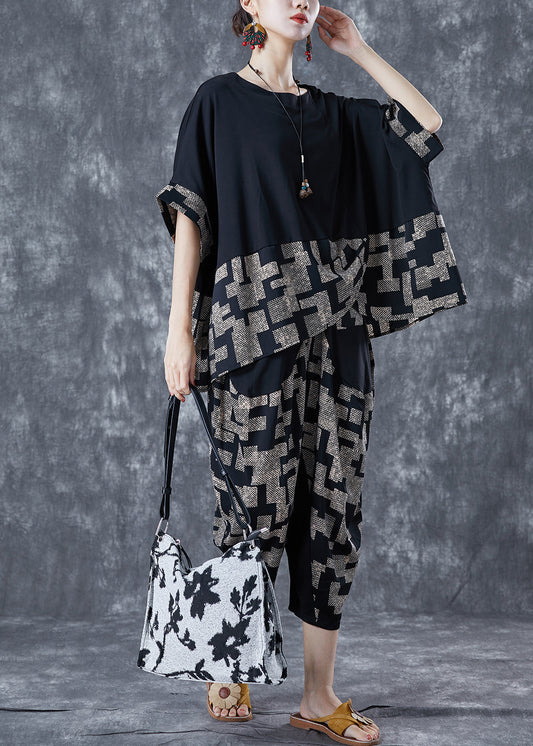 Diy Black Asymmetrical Patchwork Print Cotton Two Pieces Set Summer LY5629 - fabuloryshop