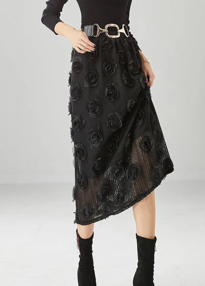 Diy Black High Waist Three-dimensional Floral Knit Skirt Fall Ada Fashion