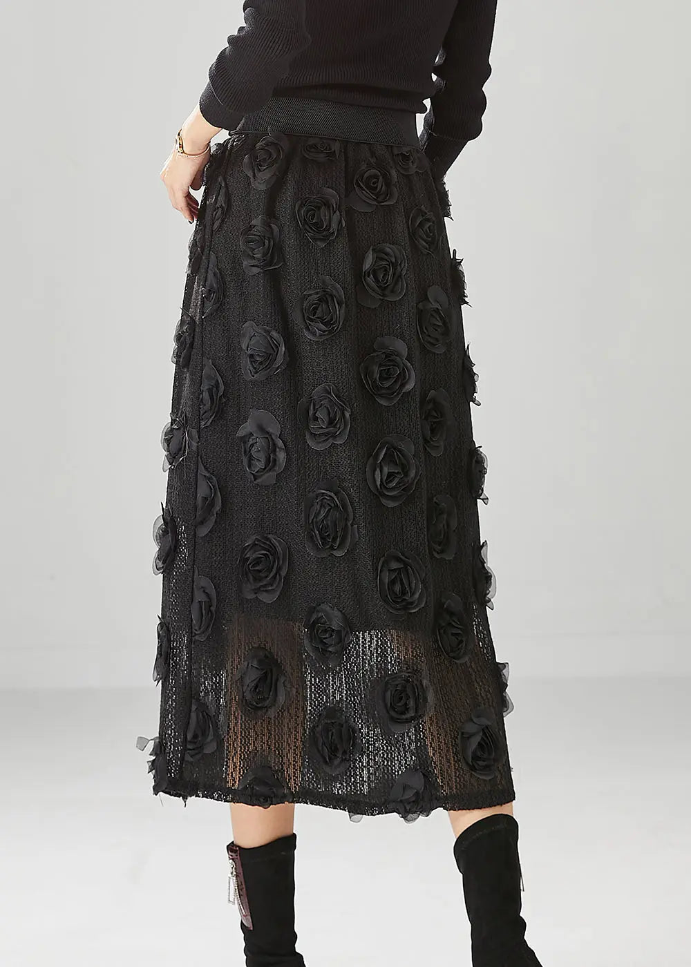 Diy Black High Waist Three-dimensional Floral Knit Skirt Fall Ada Fashion