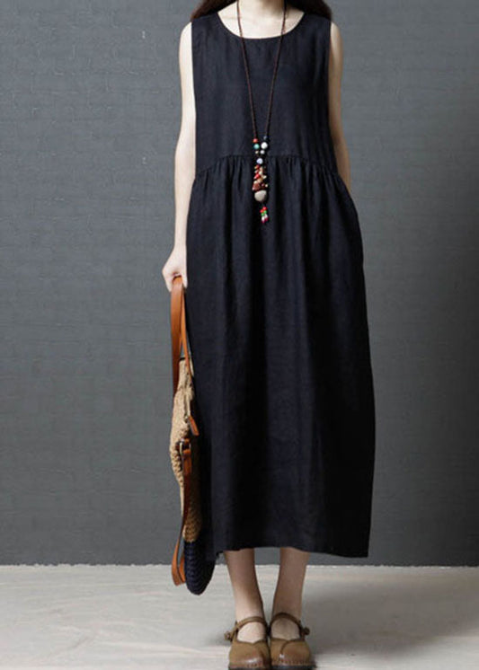 Diy Black O Neck Wrinkled Patchwork Cotton Dress Sleeveless LC0439 - fabuloryshop