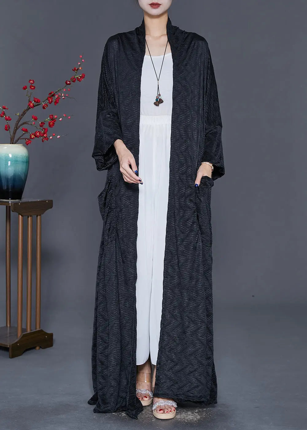 Diy Black Oversized Black Side Open Spandex Long Cardigan Fall Ada Fashion