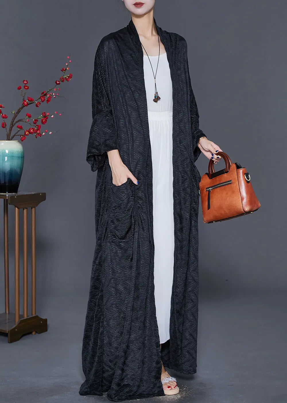 Diy Black Oversized Black Side Open Spandex Long Cardigan Fall Ada Fashion