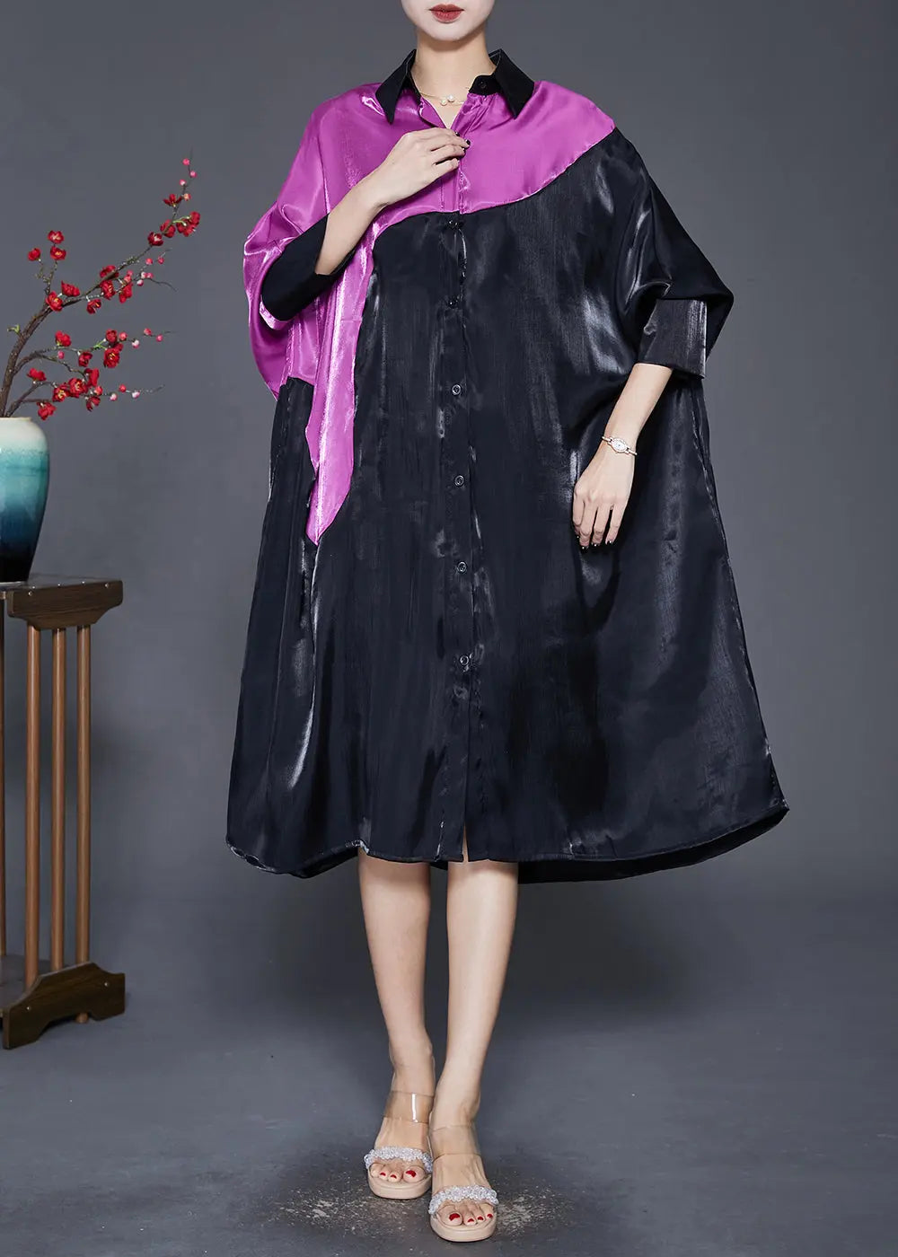 Diy Black Oversized Patchwork Silk Maxi Dress Batwing Sleeve Ada Fashion