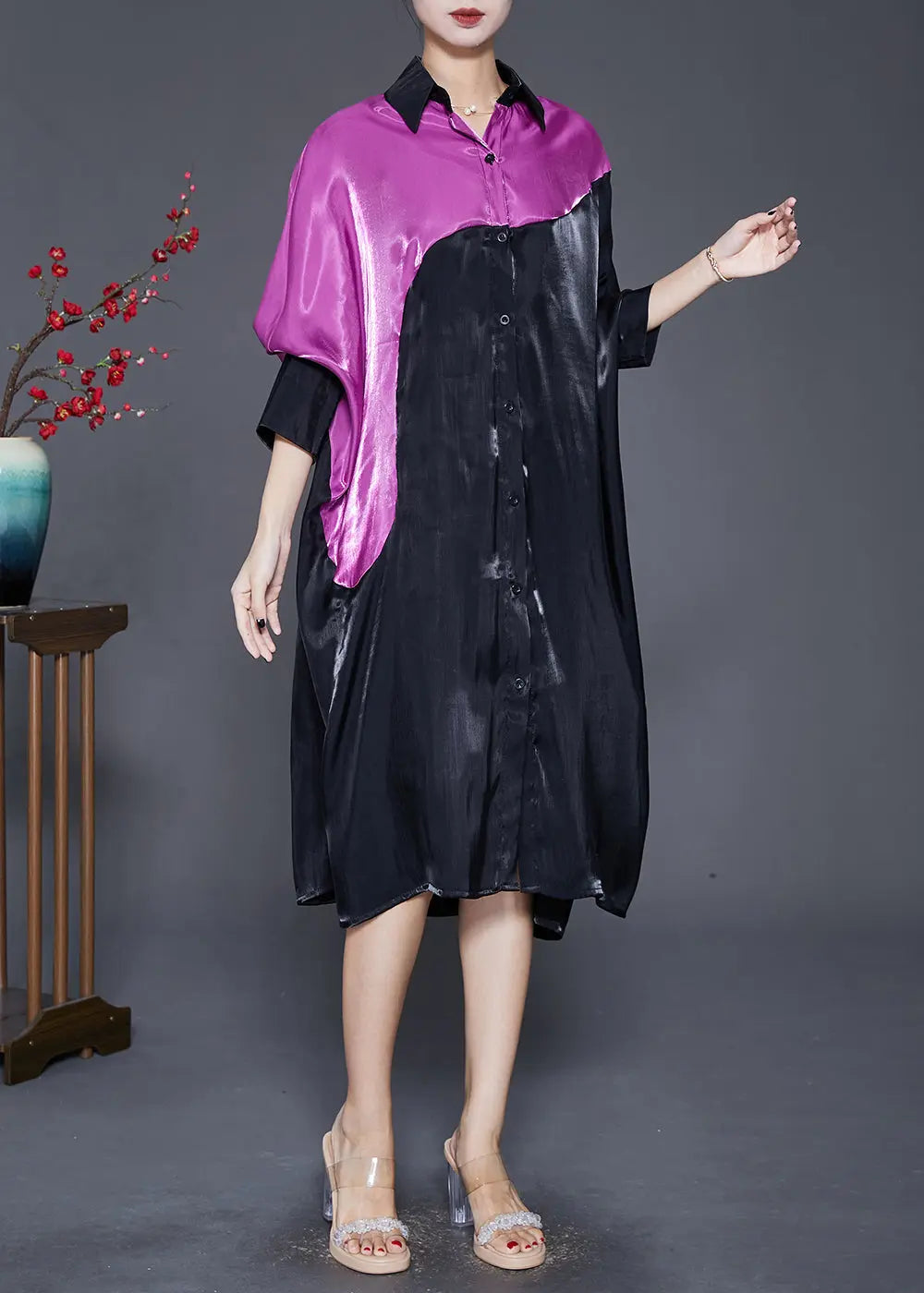 Diy Black Oversized Patchwork Silk Maxi Dress Batwing Sleeve Ada Fashion
