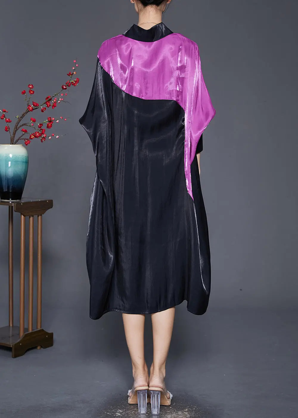 Diy Black Oversized Patchwork Silk Maxi Dress Batwing Sleeve Ada Fashion