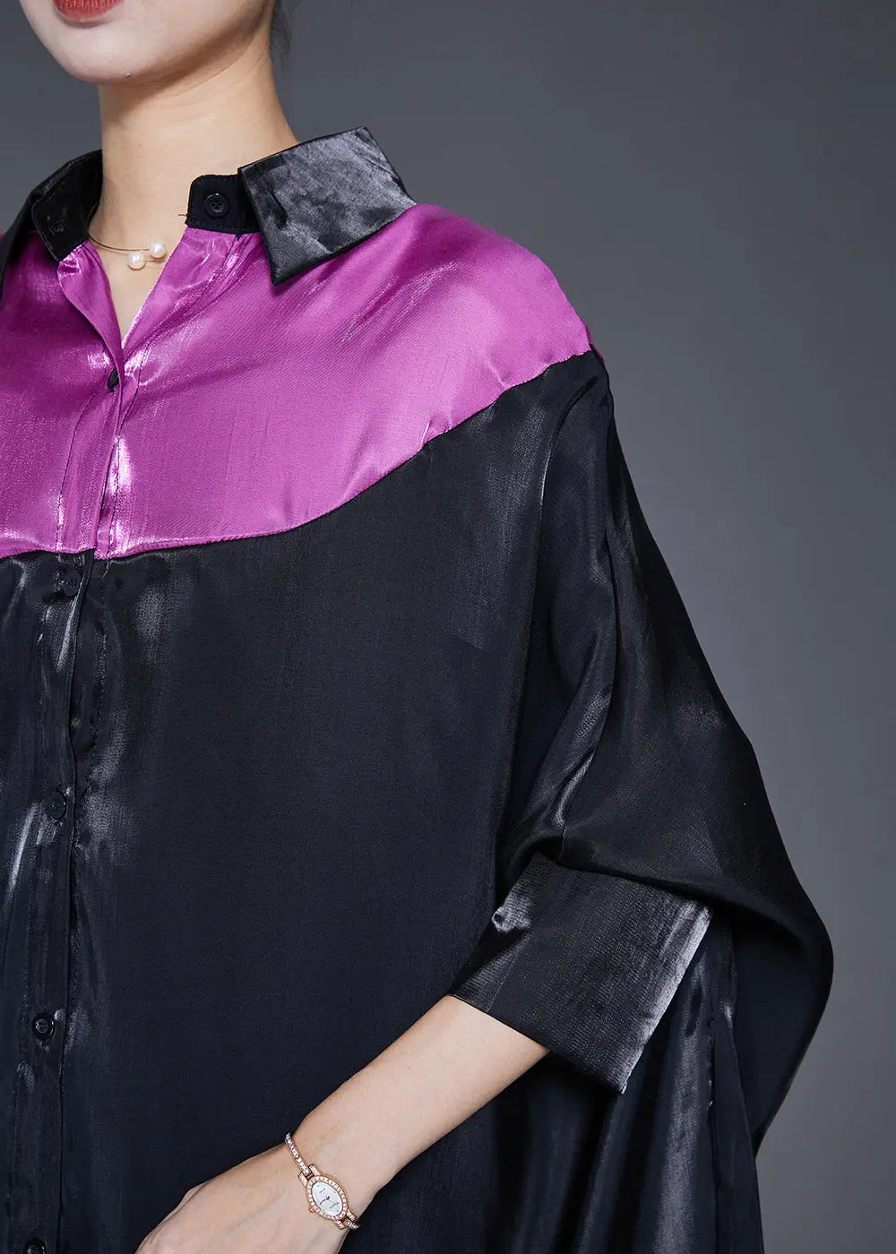 Diy Black Oversized Patchwork Silk Maxi Dress Batwing Sleeve Ada Fashion