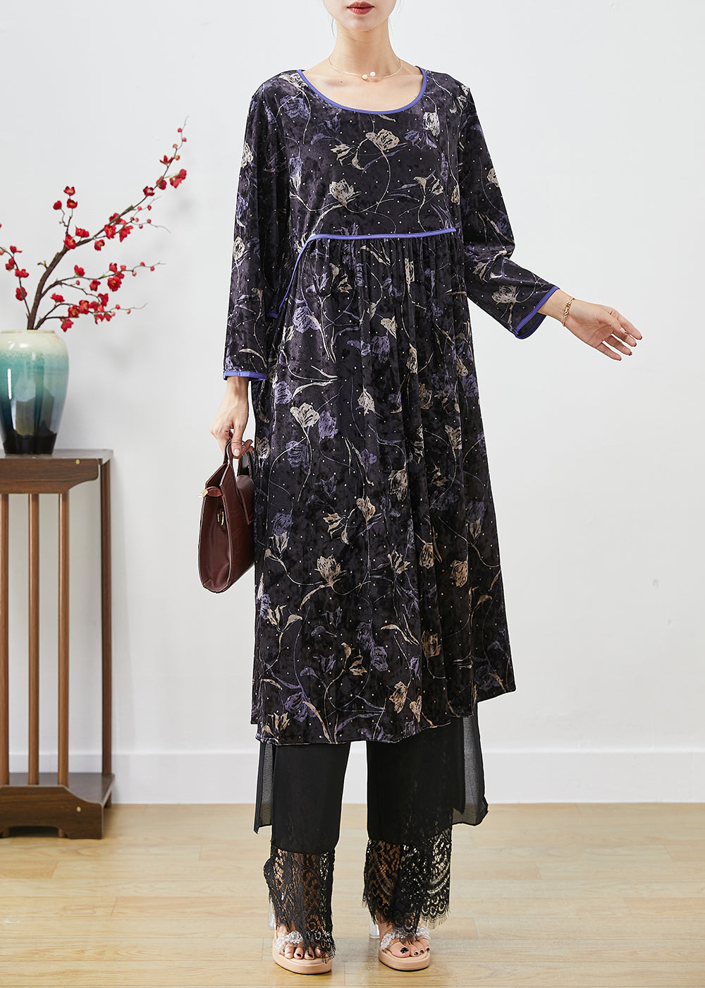 Diy Black Oversized Print Silk Velour Vacation Dresses Fall Ada Fashion