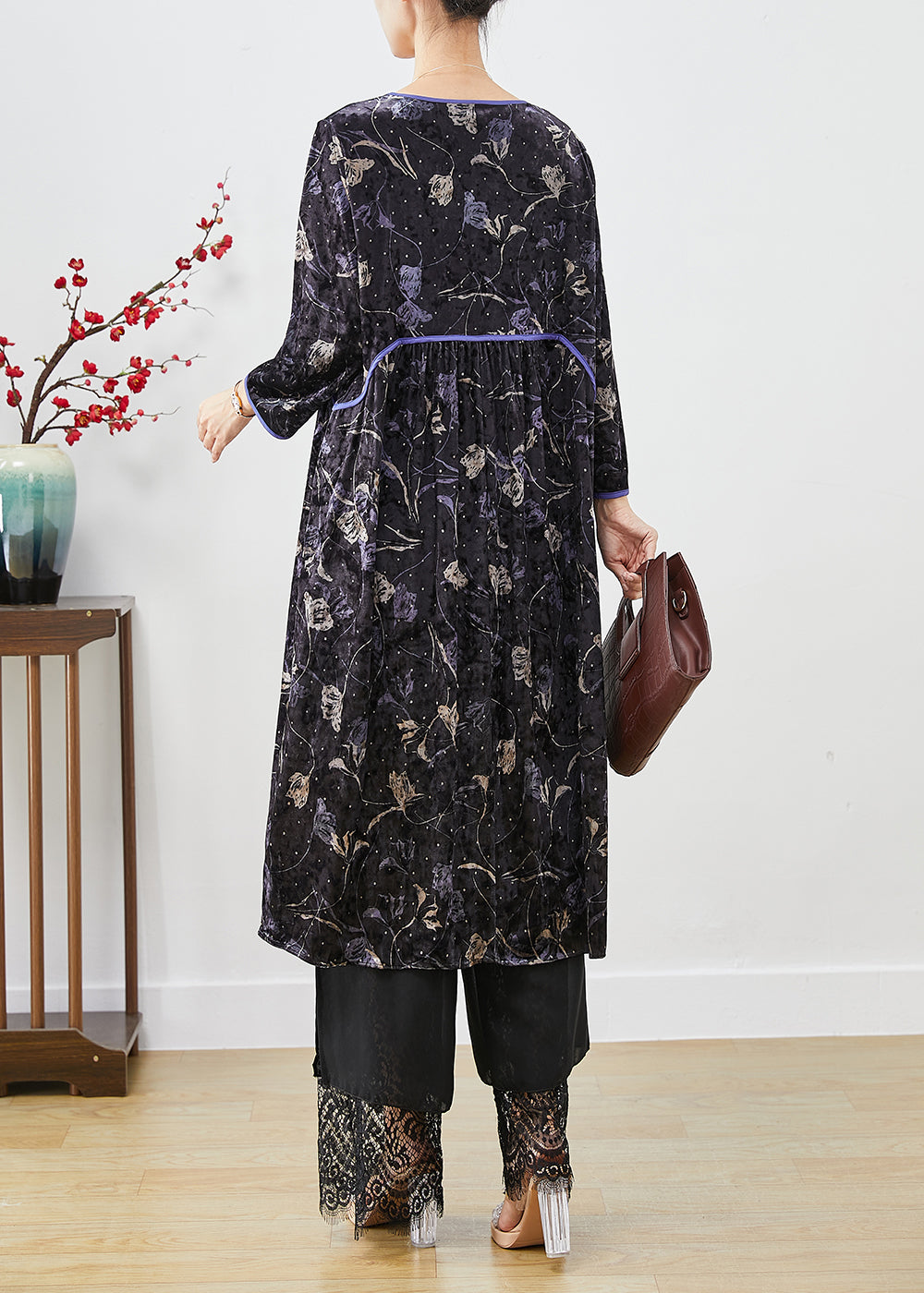 Diy Black Oversized Print Silk Velour Vacation Dresses Fall Ada Fashion