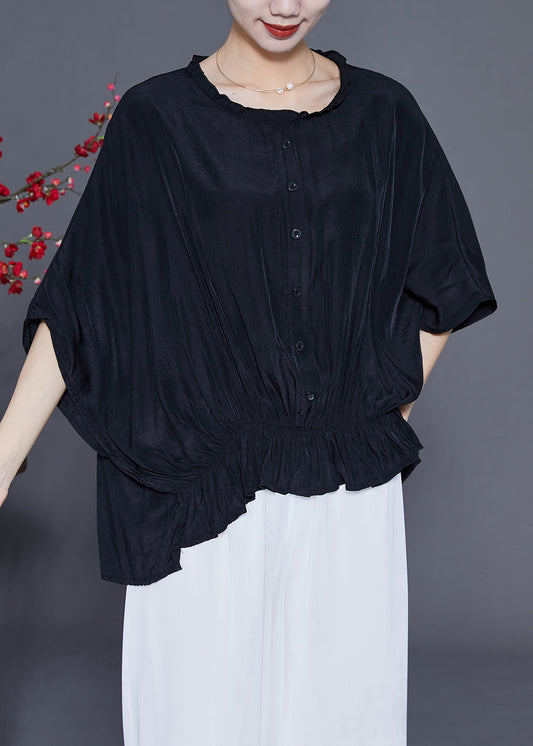 Diy Black Oversized Wrinkled Silk Shirt Top Summer LY3670