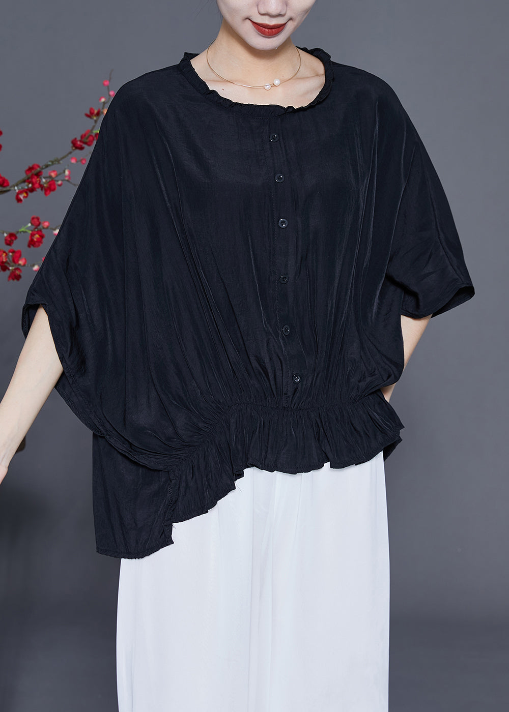 Diy Black Oversized Wrinkled Silk Shirt Top Summer LY3670 - fabuloryshop