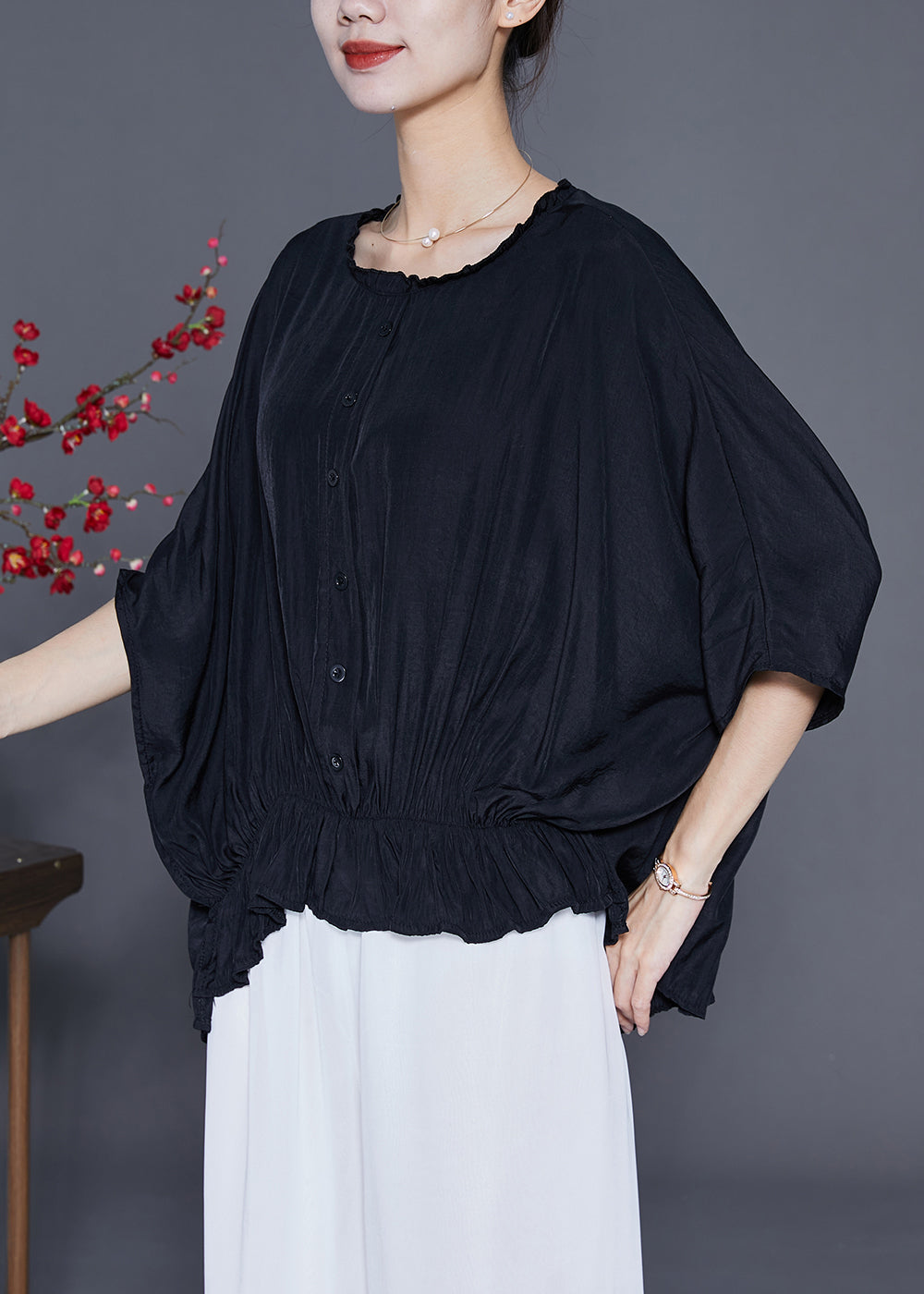 Diy Black Oversized Wrinkled Silk Shirt Top Summer LY3670 - fabuloryshop