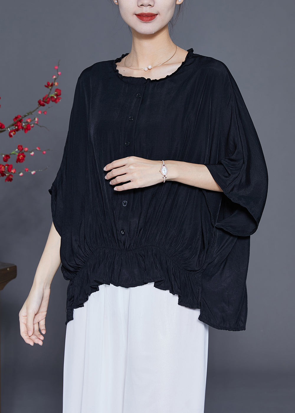 Diy Black Oversized Wrinkled Silk Shirt Top Summer LY3670 - fabuloryshop